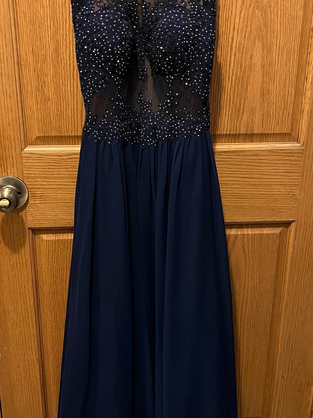 Blondie Nites Navy Beaded Chiffon Prom Dress